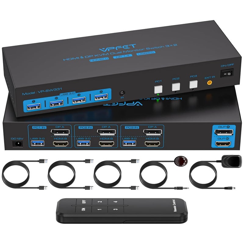 CMSTEDCD HDMI2.0+ Displayport1.4 KVM Switch 2 Monitors 3 Computers USB 3.0 KVM 8K & 4K Swicthes for 3 Computer Share Dual Monitor and 1 Set of Keyboard Mouse Printer and U Disk. Two USB Cables Included. - Image 1